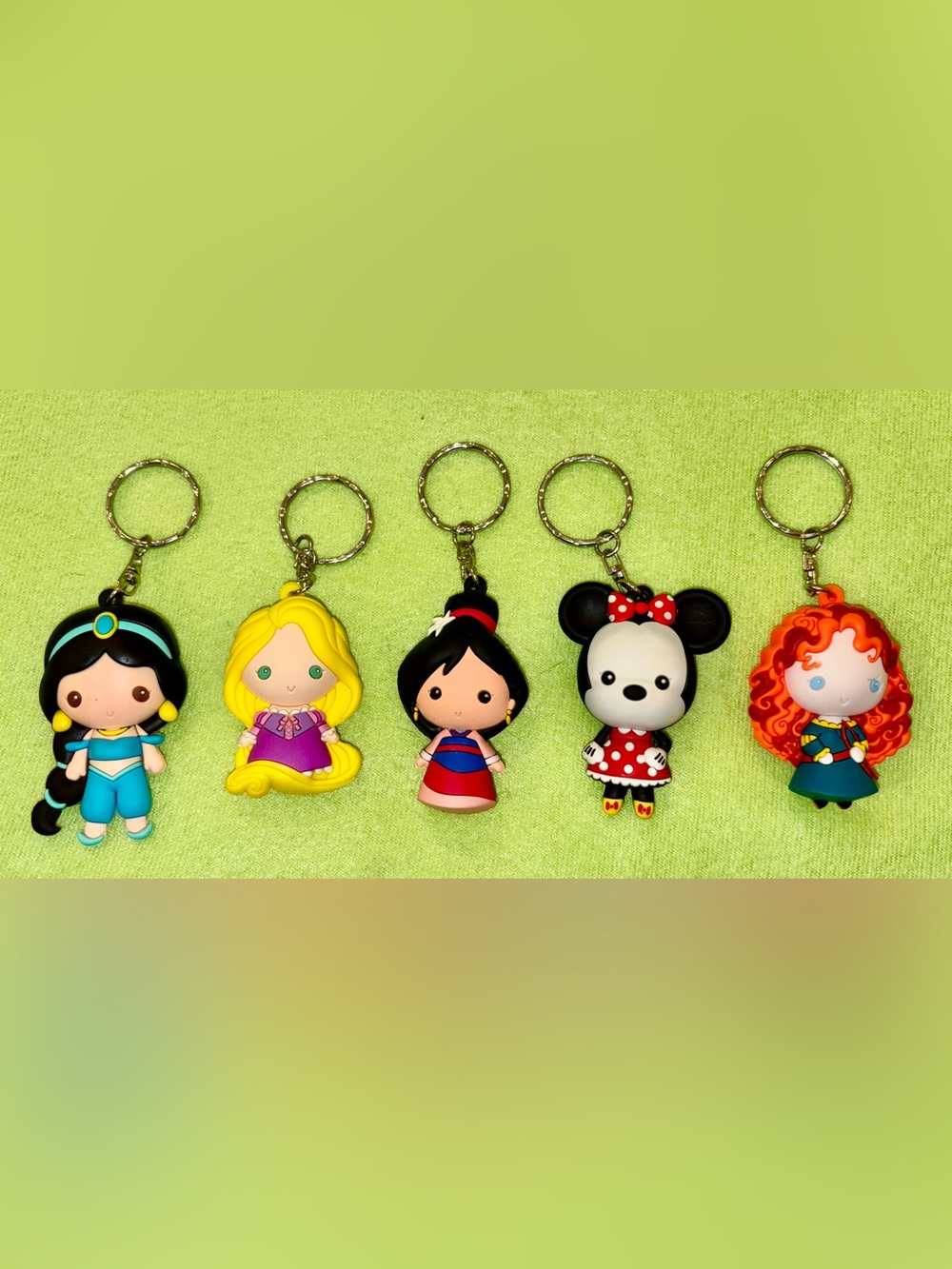 5 - Disney 3D Figural Bag Clip Keychains - Jasmine Rapunzel Mulan Minnie Merida